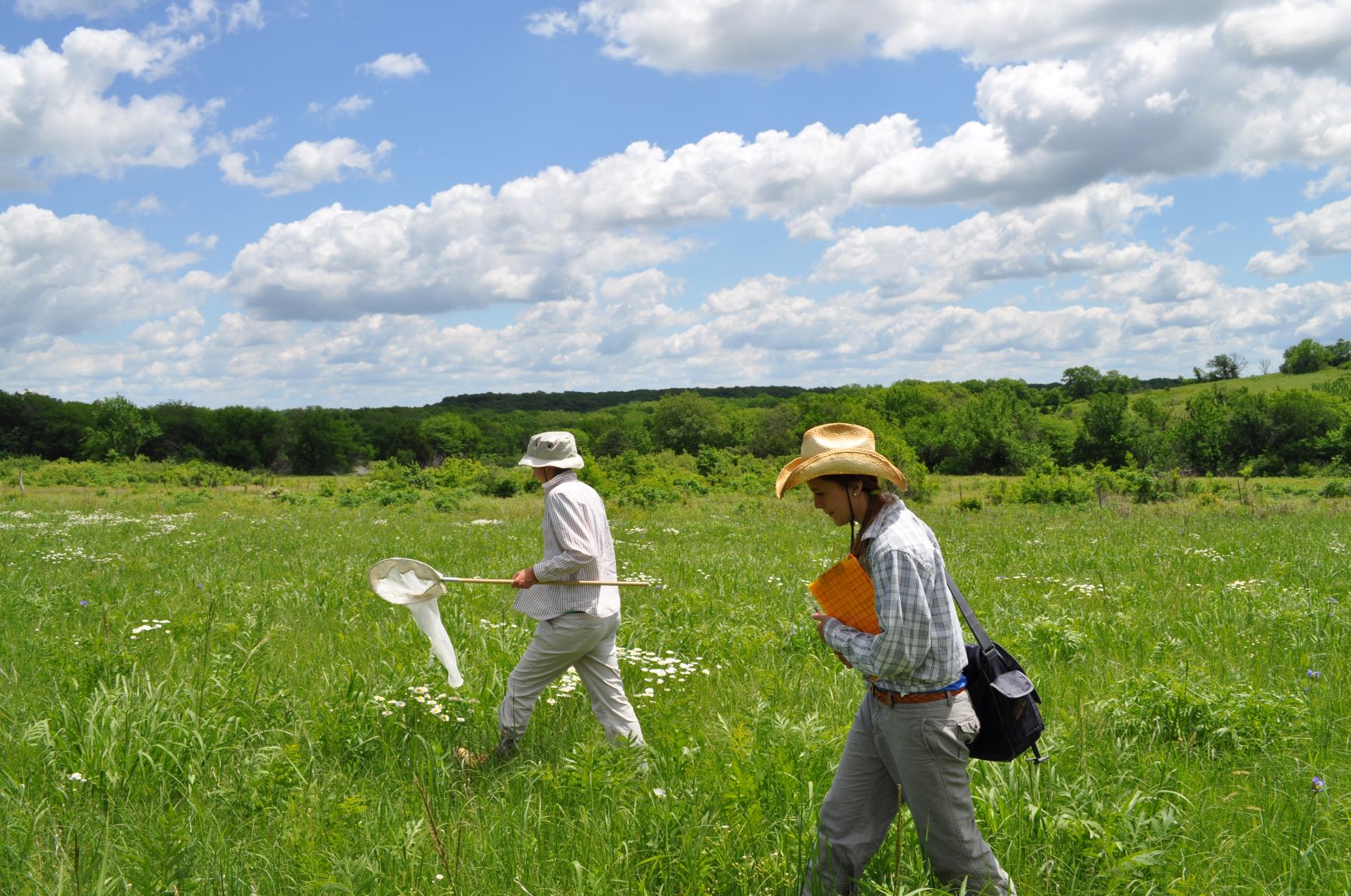 Two people walking in a field